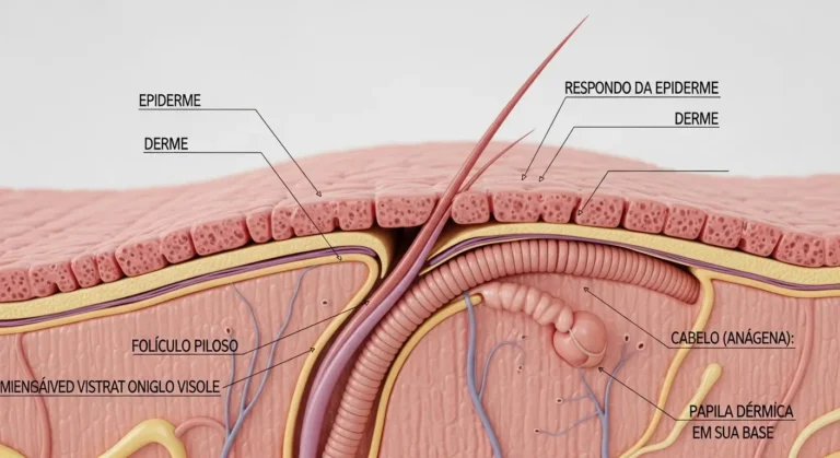 Ilustração médica da **anatomia e fisiologia da pele e do pelo**, a base da depilação a laser.