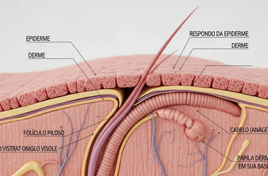 Ilustração médica da **anatomia e fisiologia da pele e do pelo**, a base da depilação a laser.