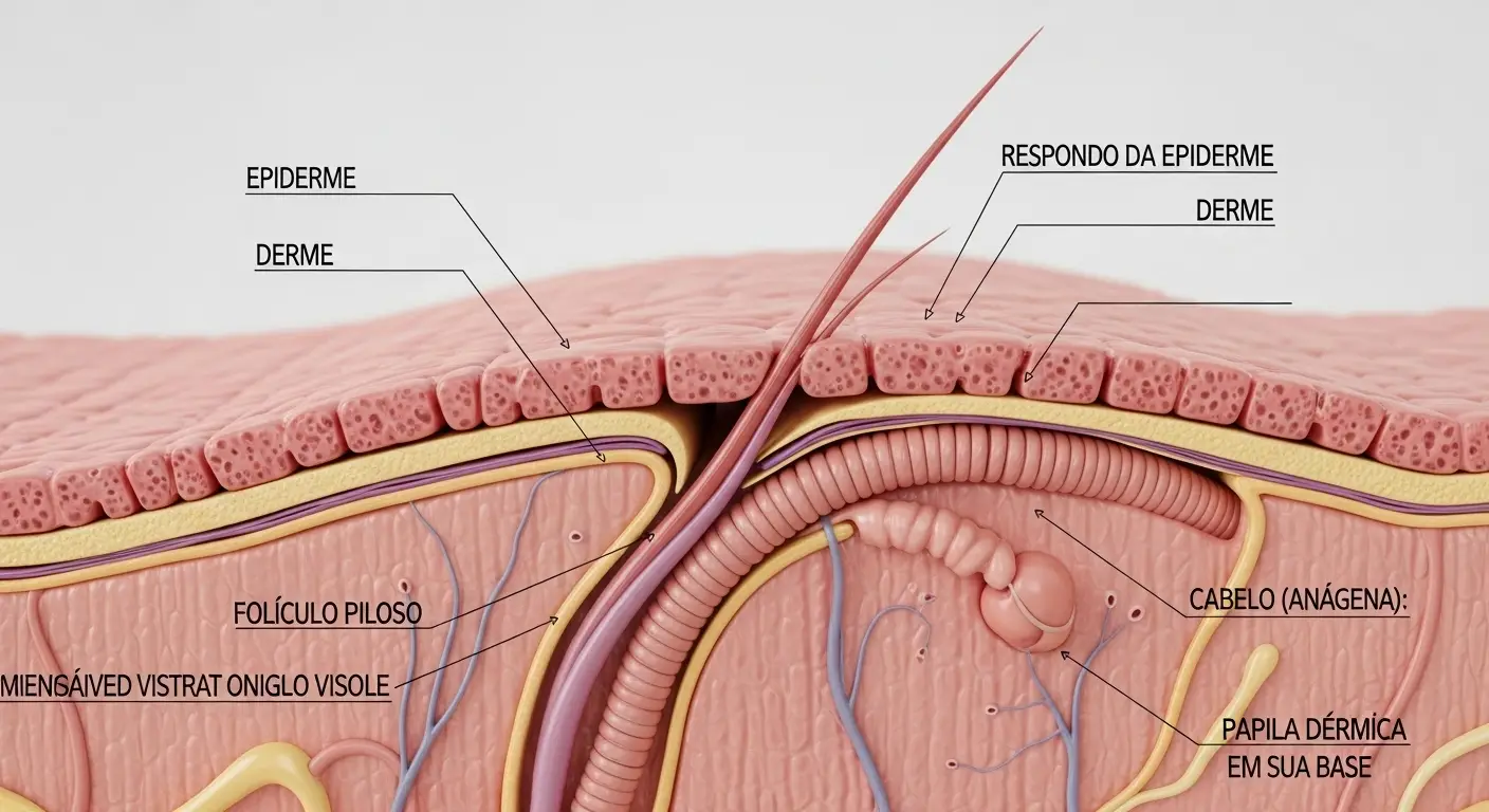 Ilustração médica da **anatomia e fisiologia da pele e do pelo**, a base da depilação a laser.