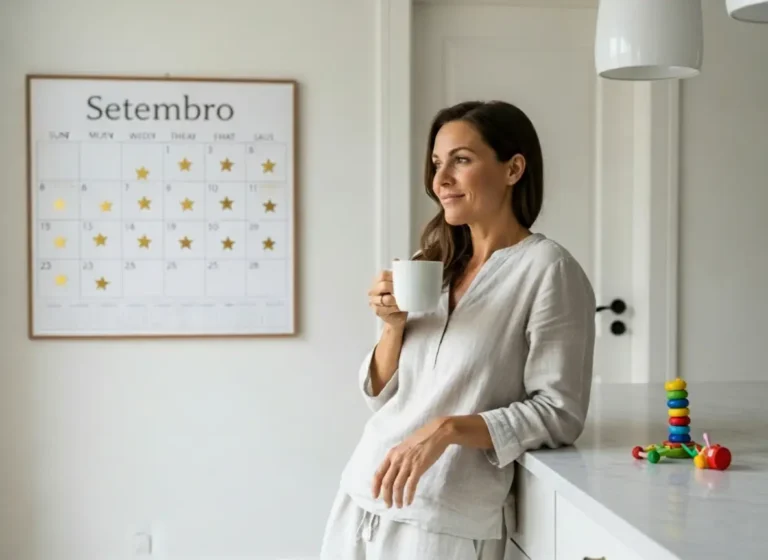 Mulher a beber café em silêncio enquanto consulta o calendário escolar 2025/2026, aproveitando o seu tempo livre com a volta às aulas.