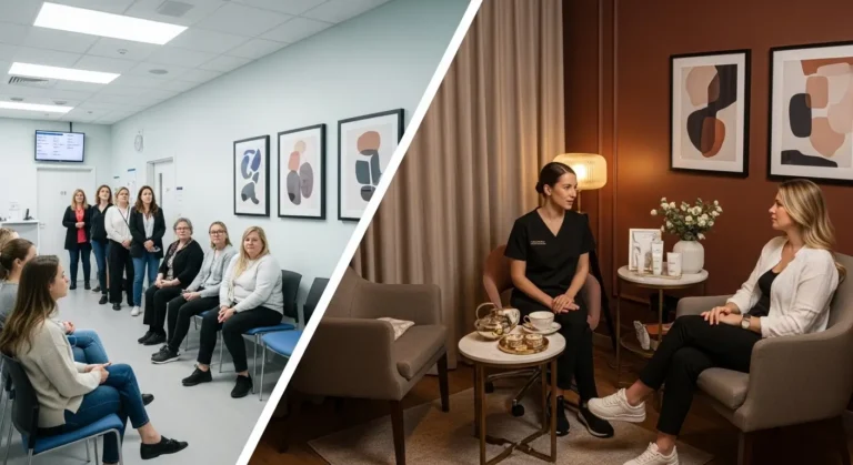 Comparação visual entre a experiência impessoal numa clínica de depilação a laser de grande cadeia e a consulta personalizada com uma especialista local em Gaia.