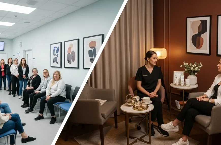 Comparação visual entre a experiência impessoal numa clínica de depilação a laser de grande cadeia e a consulta personalizada com uma especialista local em Gaia.