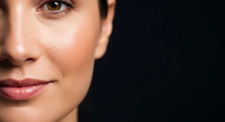 Close-up do rosto de uma mulher com pele perfeita e suave após tratamento de depilação a laser rosto Gaia.