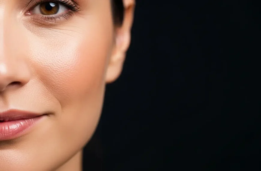 Close-up do rosto de uma mulher com pele perfeita e suave após tratamento de depilação a laser rosto Gaia.