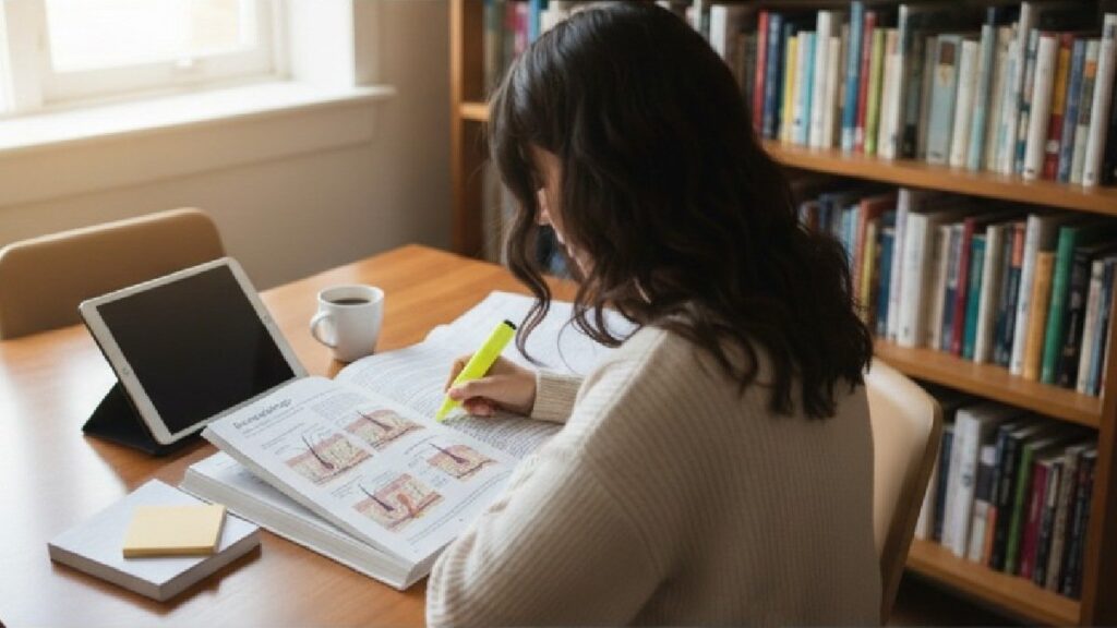 Estudante de estética a consultar o blog com dicas de depilação a laser em Gaia, aprofundando a sua formação.