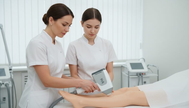 Formadora experiente a dar formação a uma nova técnica sobre como evitar os erros mais comuns na depilação a laser, seguindo um guia prático.