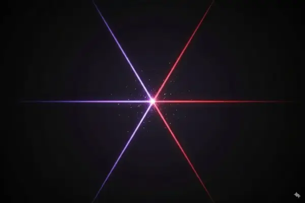 Imagem conceptual para guia técnico sobre laser de díodo vs alexandrite, mostrando feixes de luz vermelho (Díodo) e violeta (Alexandrite) a cruzarem-se.