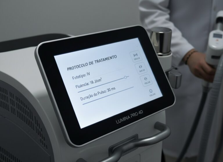 Ecrã de uma máquina de laser 4D a exibir os parâmetros de tratamento para fototipos altos (IV), incluindo fluência e duração do pulso.