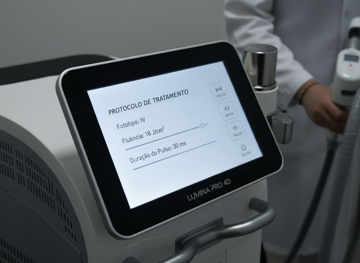 Ecrã de uma máquina de laser 4D a exibir os parâmetros de tratamento para fototipos altos (IV), incluindo fluência e duração do pulso.